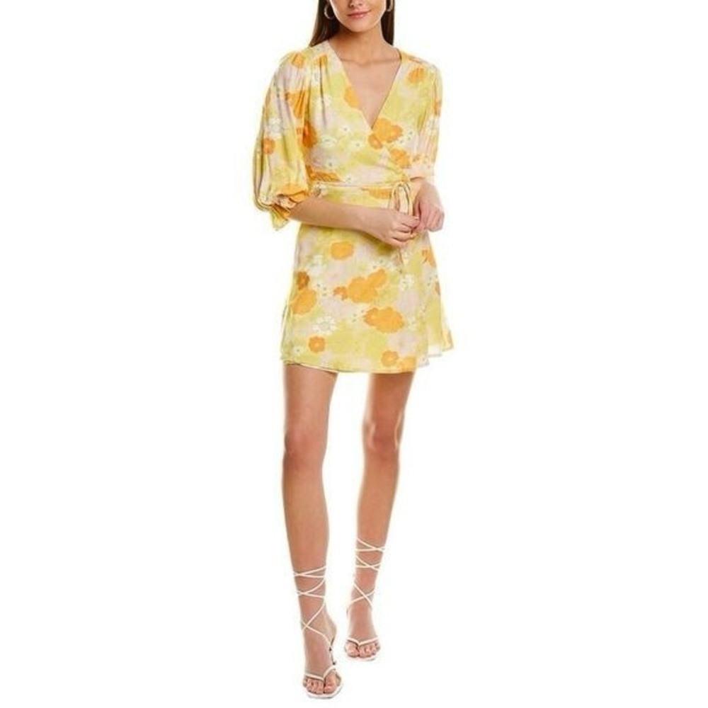Charlie Holiday Womens Maya Mini Wrap Dress Sz 4 Yellow Orange Mod Floral Hippie